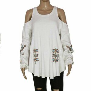 Caite Embroidered Long Cold Shoulder White Tunic Top New S